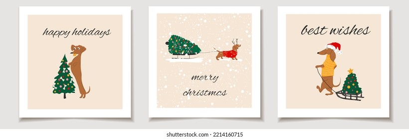 Christmas vector gift card or tag set christmas dachshund dogs with christmas trees merry christmas lettering, best wishes.