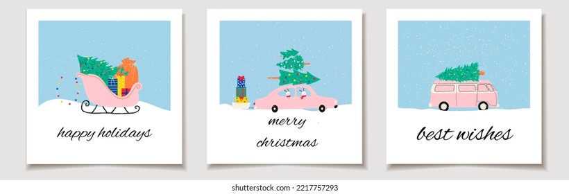 Christmas vector gift card or tag Set of three  with Christmas sleigh with gifts and Christmas tree and car in which mascots 2023 rabbits sit.  merry christmas lettering, best wishes.