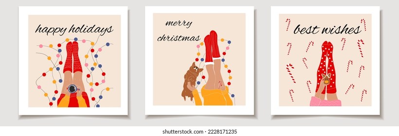 Christmas vector gift card or tag Christmas Set of three  Top view of female legs in Christmas socks. merry christmas lettering, best wishes.