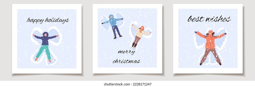 Christmas vector gift card or tag Christmas Set of three  Happy people Making Snow Angel . merry christmas lettering, best wishes.