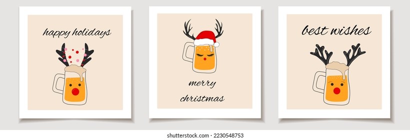 Christmas vector gift card or tag Christmas Set of three Glasses of beer with Christmas accessories. merry christmas lettering, best wishes