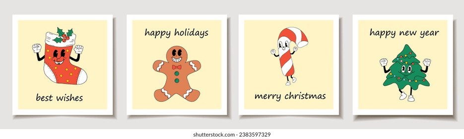 Christmas vector gift card or tag set Cute Cartoons christmas mascot. Merry christmas lettering, best wishes.