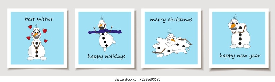 Christmas vector gift card or tag set Cute Cartoon Christmas snowmen characters. Cute ladies. Merry christmas lettering, best wishes