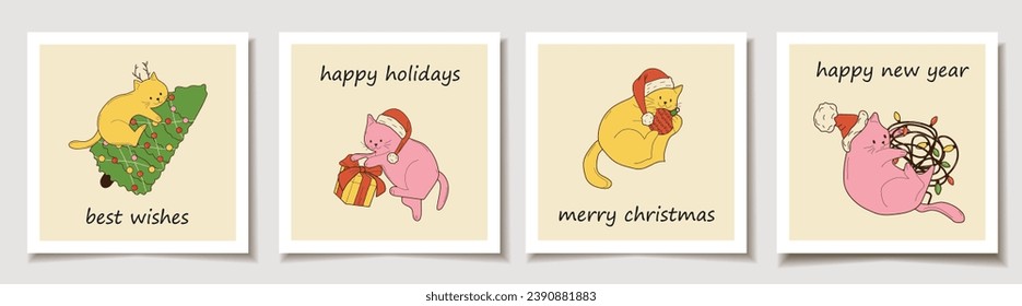Tarjeta de regalo vectorial de Navidad o juego de etiquetas con gatos Cute con decoración navideña. Señoras. Merry navidad con letras, mejores deseos
