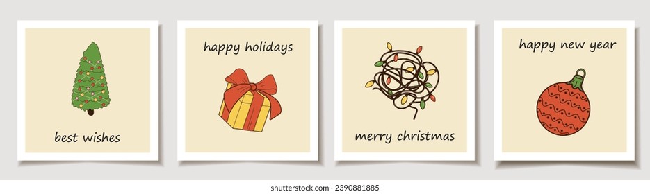 Christmas vector gift card or tag set with Christmas decorations. Cute ladies. Merry christmas lettering, best wishes
