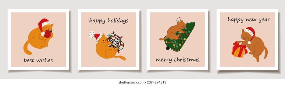 Christmas vector gift card or tag set with Cute cats with christmas decoration. Cute ladies. Merry christmas lettering, best wishes	