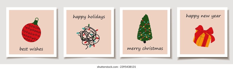 Christmas vector gift card or tag set with Christmas decorations. Cute ladies. Merry christmas lettering, best wishes