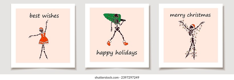Christmas vector gift card or tag set with Funny Skeleton with with decoration christmas. Cute ladies. Merry christmas lettering, best wishes