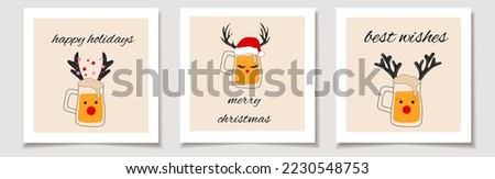 Christmas vector gift card or tag Christmas Set of three Glasses of beer with Christmas accessories. merry christmas lettering, best wishes