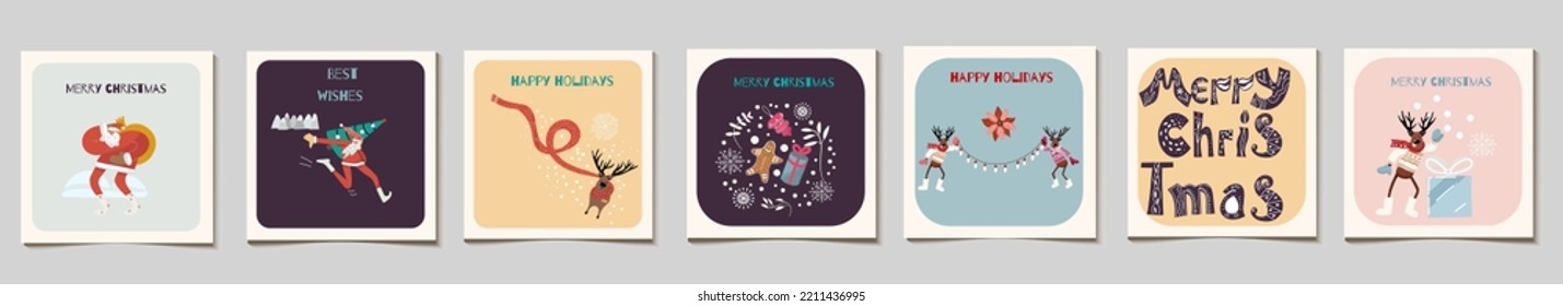 Christmas vector gift cards or tag set with reindeer, garland, gingerbread, running Santa with a Christmas tree, cute, merry Christmas hand drawn lettering, best wishes inscriptions, happy holidays.