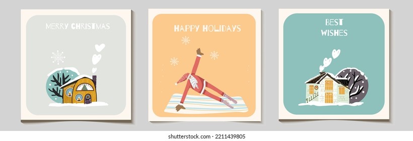 Christmas vector gift cards or tag set with funny Santa character exercising, doing exercise, with snow covered cute village houses, inscriptions of merry christmas, best wishes, happy holidays.