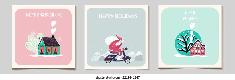 Christmas vector gift cards or tag set with funny Santa character riding scooter with snow covered cute village houses, inscriptions of merry christmas, best wishes, happy holidays.