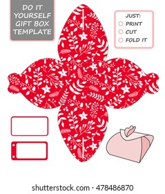 Christmas vector gift packaging template. Favor, gift box die cut template. Red and white pattern with holly, mistletoe and poinsettia.