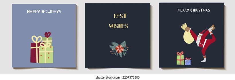 Christmas vector gift set of cards or tags with Merry Christmas, Best Wishes, Happy Holidays inscriptions. Hand drawn design elements.
