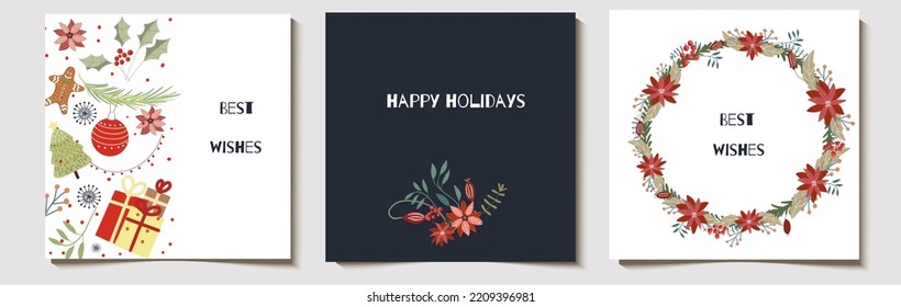 Christmas vector gift set of cards or tags with inscriptions Merry Christmas, Make a wish, happy holidays with poinsettia, leaves, border from Christmas attributes, Hand drawn design elements.