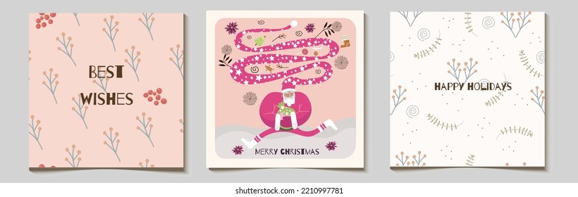 Christmas vector gift square card or tag set, Santa runs in a long star hat, floral elements, poinsettia,  snowflakes, with inscriptions merry christmas, best wishes.