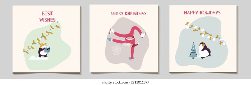 Christmas vector gift square card or tag set, funny sporty Santa dancing break dance, doing hand jump, cute penguins with garlands, snowflakes, with merry christmas lettering.
