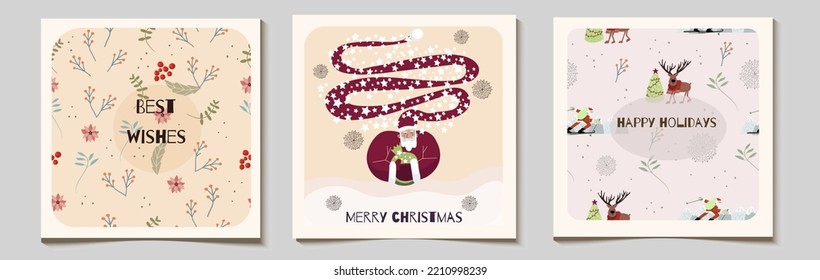 Christmas vector gift square cards or tag set, Santa in long star hat, floral elements, snowflakes, deer, with merry christmas, best wishes lettering.