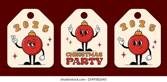 Navidades Vector regalo tags 2025 en estilo retro hippie fiesta de Navidad. Etiquetas de vacaciones imprimibles para colgar en los regalos. Conjunto de etiquetas de vacaciones de invierno con saludos