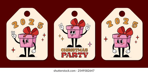 Christmas vector gift tags 2025 retro hippie style Christmas party with character gift box. Printable holiday labels for hanging on presents. Set of winter holiday labels with greetings