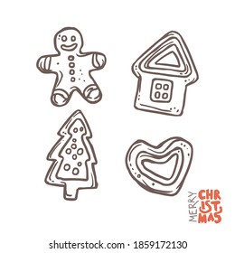 Christmas vector gingebread sweet set . Collection of doodle sketch hand drawn festive food and decorative dessert or pastry. Tree, house, heart and human shaped cookies