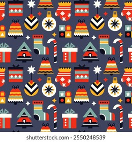 Christmas vector glove, bell, gift seamless pattern geometric decorations cute holiday