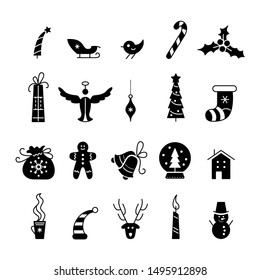 Christmas vector glyph icons set. Santa hat and sack, gingerbread cookie, snowman, candle isolated cliparts pack. Winter holiday stickers collection. New Year festive black flat illustrations