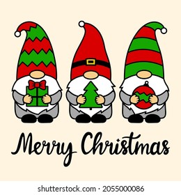 Christmas vector gnomes with ball, tree, present. Phrase Merry Christmas. Holiday symbols. Cute illustration. For postcards, invitations, flyers, printing on t shirt. Funny winter characters.
