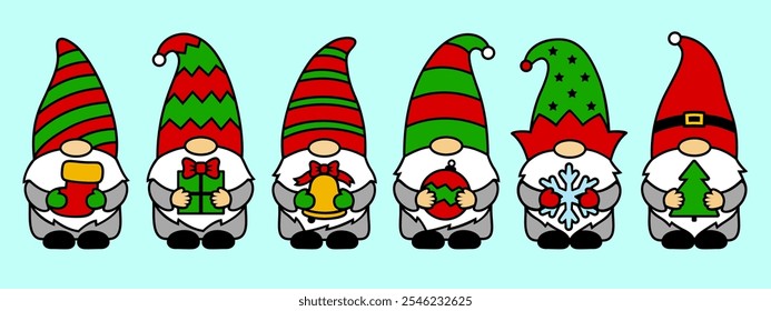 Christmas vector gnomes set. Holiday symbols. Cute illustrations. For postcards, invitations, flyers, printing on t shirt. Funny winter characters isolated.