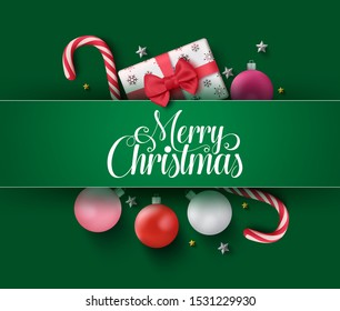 Christmas vector green design concept. Merry christmas greeting card with colorful xmas elements like candy cane, balls and gifts in green background. Vector illustration