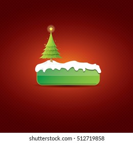 Christmas vector green glossy button with christmas tree and lights. web green christmas button with snow and ice border on classic red background