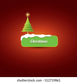 Christmas vector green glossy button with christmas tree and lights. web green christmas button with snow and ice border on classic red background