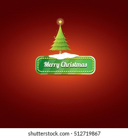 Christmas vector green glossy button with christmas tree and lights. web green christmas button with snow and ice border on classic red background