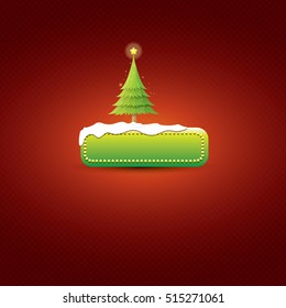 Christmas vector green glossy button with christmas tree and lights. web green christmas button with snow and ice border on classic red background