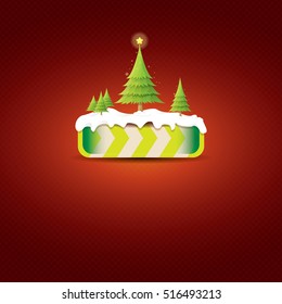 Christmas vector green glossy button with christmas tree and lights. web green christmas button with snow and ice border on classic red background