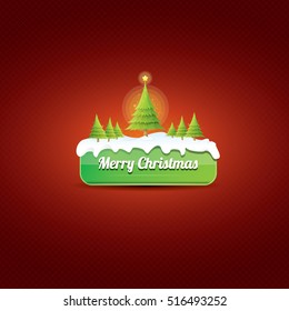 Christmas vector green glossy button with christmas tree and lights. web green christmas button with snow and ice border on classic red background