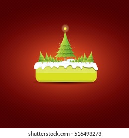 Christmas vector green glossy button with christmas tree and lights. web green christmas button with snow and ice border on classic red background