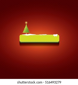 Christmas vector green glossy button with christmas tree and lights. web green christmas button with snow and ice border on classic red background