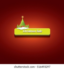 Christmas vector green glossy button with christmas tree and lights. web green christmas button with snow and ice border on classic red background