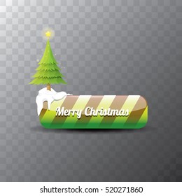 Christmas vector green glossy button with green cartoon christmas tree and christmas lights. web green christmas button with snow, ice border and transparent shadow