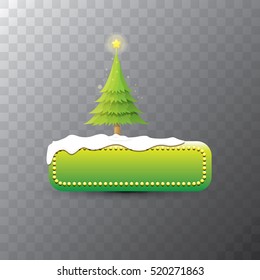 Christmas vector green glossy button with green cartoon christmas tree and christmas lights. web green christmas button with snow, ice border and transparent shadow