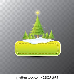 Christmas vector green glossy button with green cartoon christmas tree and christmas lights. web green christmas button with snow, ice border and transparent shadow