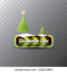 Christmas vector green glossy button with green cartoon christmas tree and christmas lights. web green christmas button with snow, ice border and transparent shadow