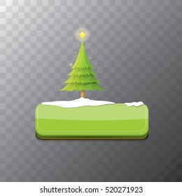 Christmas vector green glossy button with green cartoon christmas tree and christmas lights. web green christmas button with snow, ice border and transparent shadow