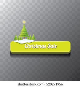 Christmas vector green glossy button with green cartoon christmas tree and christmas lights. web green christmas button with snow, ice border and transparent shadow