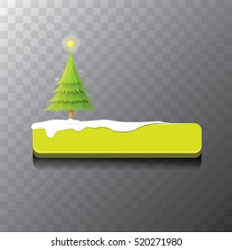 Christmas vector green glossy button with green cartoon christmas tree and christmas lights. web green christmas button with snow, ice border and transparent shadow