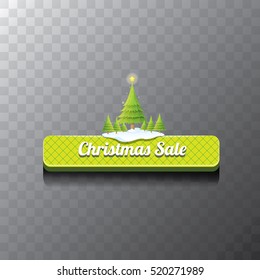 Christmas vector green glossy button with green cartoon christmas tree and christmas lights. web green christmas button with snow, ice border and transparent shadow