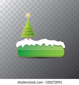 Christmas vector green glossy button with green cartoon christmas tree and christmas lights. web green christmas button with snow, ice border and transparent shadow