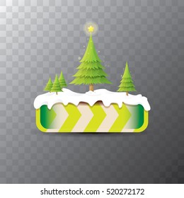 Christmas vector green glossy button with green cartoon christmas tree and christmas lights. web green christmas button with snow, ice border and transparent shadow