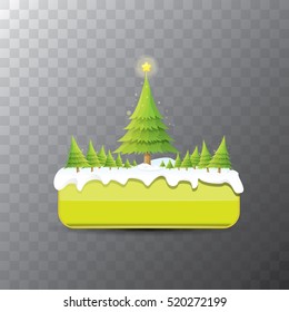 Christmas vector green glossy button with green cartoon christmas tree and christmas lights. web green christmas button with snow, ice border and transparent shadow